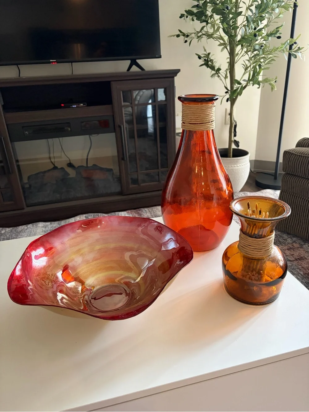 Hand-Blown Amber Glass Vase with Rope Accent
